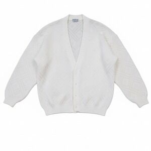 Area Vtg White Geometric Knit Cardigan Sweater V Neck Button Up Long Sleeve Sz L